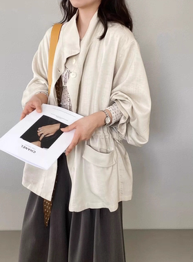 2026春季新款高级亚麻风衣松弛落肩廓形中长款抽褶收腰上衣女外套