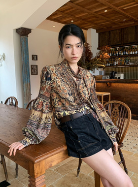 NEIHE内赫法式复古花料飘领衬衫2026春季新款女装轻奢高级感上衣