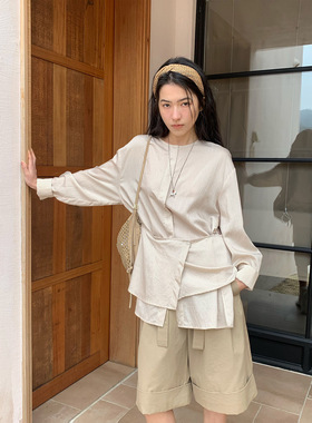 NEIHE内赫2026新款不规则腰封设计感女长袖衬衫春季无领纯色上衣