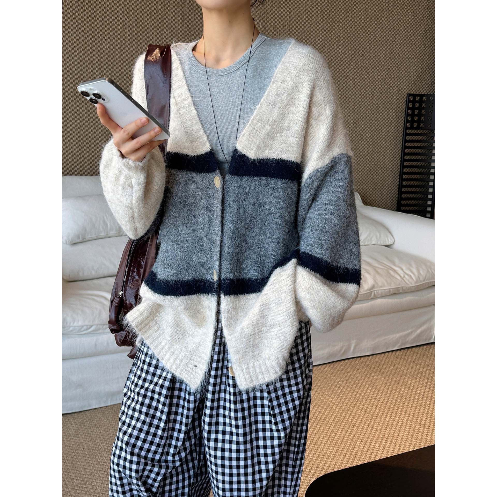 叙漫韩系复古慵懒风V领条纹针织羊毛开衫春季新款宽松廓形女上衣,女装/女士精品,毛衣,淘宝优惠券,粉丝福利购,淘宝优惠卷