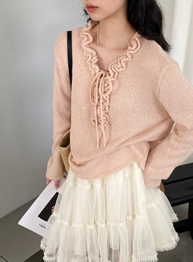 日系杏色V领花边系带针织打底衫女2026春季新款宽松内搭长袖上衣