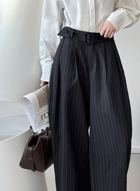 2026春季新款老钱风条纹压褶西装裤女休闲高腰直筒裤垂坠长裤子