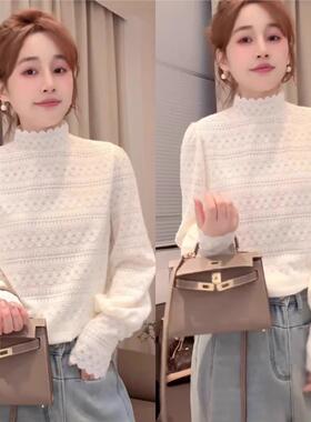 设计感磨毛蕾丝边打底衫T恤女秋冬高级感法式钩花半高领长袖