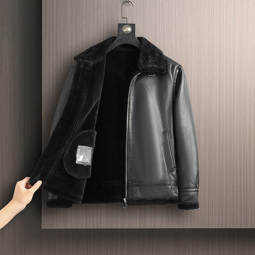 皮毛加绒一体皮衣新款翻领加厚皮夹克羊毛冬季男士外套保暖夹克