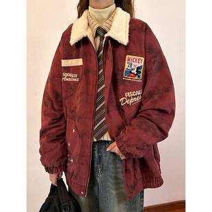 美式 胖mm加绒加厚翻领棉服外套女冬季 覆古酒红色夹克上衣 女装 大码