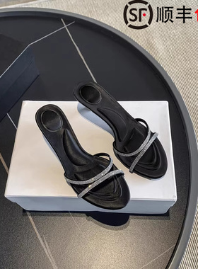 AW BV法式水钻一字带高跟鞋女2026新款露趾交叉带性感细跟凉鞋女