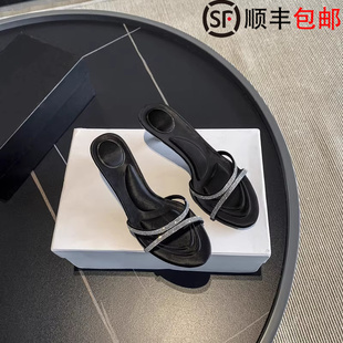 露趾交叉带性感细跟凉鞋 女2025新款 水钻一字带高跟鞋 女 BV法式