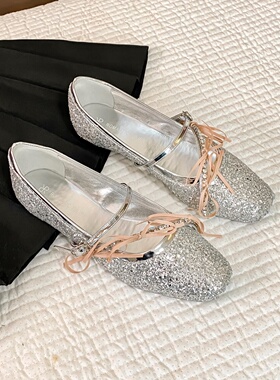 法式方头水钻蝴蝶结玛丽珍鞋女2026春夏新款绸缎甜美浅口芭蕾舞鞋