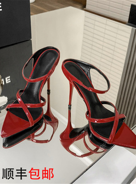 尖头后空一字带凉鞋女外穿拖鞋2026新款性感漆皮露趾细跟高跟鞋女