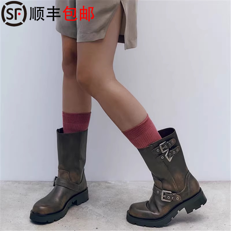 ZA厚底粗跟皮带扣中筒西部骑士靴女2023秋冬圆头棕色机车靴马丁靴