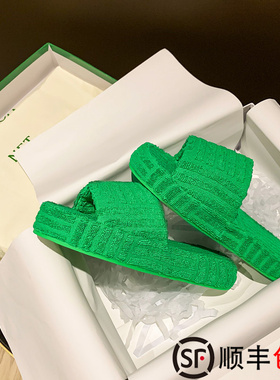 AW BV绿色毛毛拖鞋女外穿2026新款mona同款羊毛厚底情侣一字毛拖