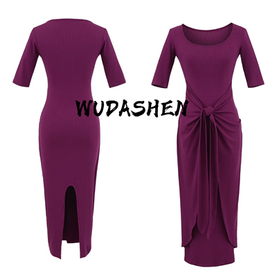 【你伍老板娘】“贝尔公主”扭结设计后开衩长款中袖修身连衣裙方