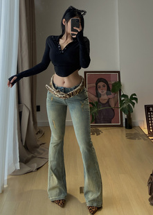 你伍老板娘 复古牛仔微喇包臀性感欧美辣妹秋冬百搭休闲女纯欲