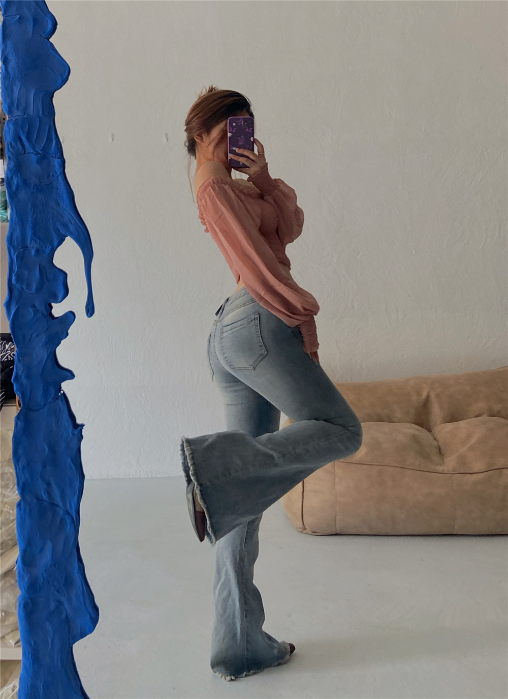你伍老板娘 修身显瘦低腰牛仔裤女微喇毛边显高长裤喇叭裤辣妹