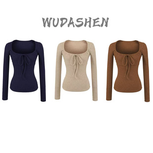 坑条方领修身 绑带长袖 纯欲辣妹风 显瘦打底T恤 尝鲜