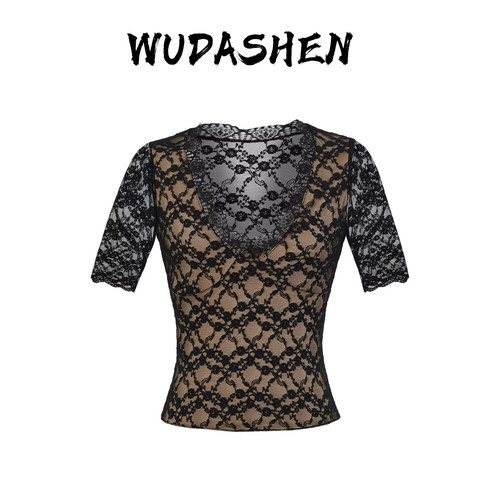 【你伍老板娘】“美奈兔蕾丝中袖”双层背部蕾丝网纱深v中袖上衣T