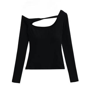 弹力小心思t 斜边设计黑色系设计胸垫长袖 蜜糖啵啵