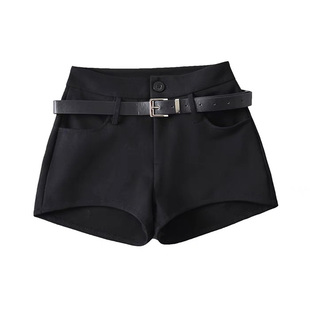 你伍老板娘 自带腰带前短后长短裤弹力中腰修身显瘦辣妹欧美百搭