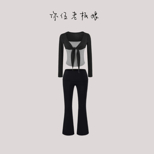 【你伍老板娘】纯欲撞色拼接绑带正肩假两件修身秋季长袖上衣T恤