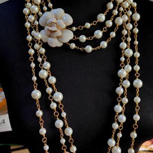 夸张珍珠多层手工珐琅彩山茶花毛衣链项链vintage中古饰品青岛