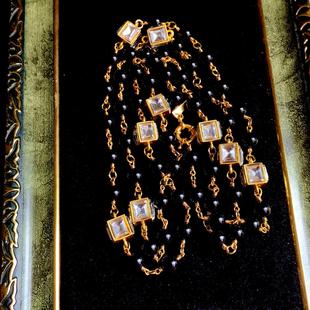 镀真金黑色琉璃珠经典复古长款短款项链毛衣链滴釉方糖耳钉套装