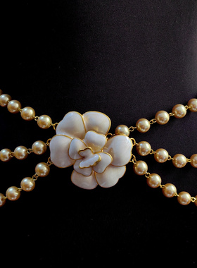 青岛中古vintage珍珠黑色山茶花多层珐琅彩手工腰链琉璃珍珠耳饰