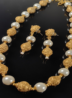 套装珍珠琉璃夸张个性中古首饰复古流行青岛饰品耳钉项链手工琉璃