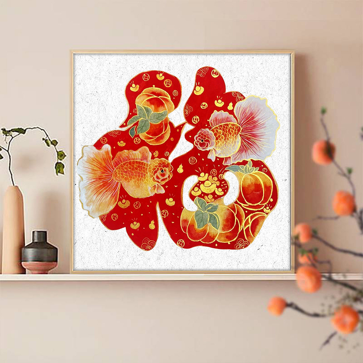 锦鲤送福好寓意新年繁花福禄数字油画diy手工填涂色丙烯装饰挂画