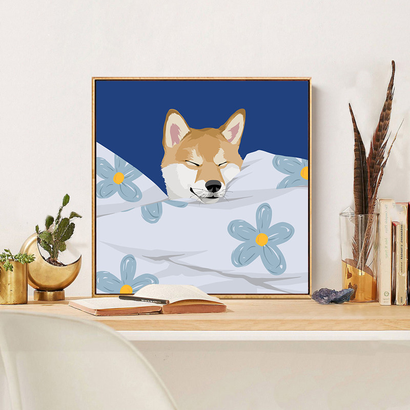 速发数字油画可充色油烯画填爱柴犬手工绘丙彩画