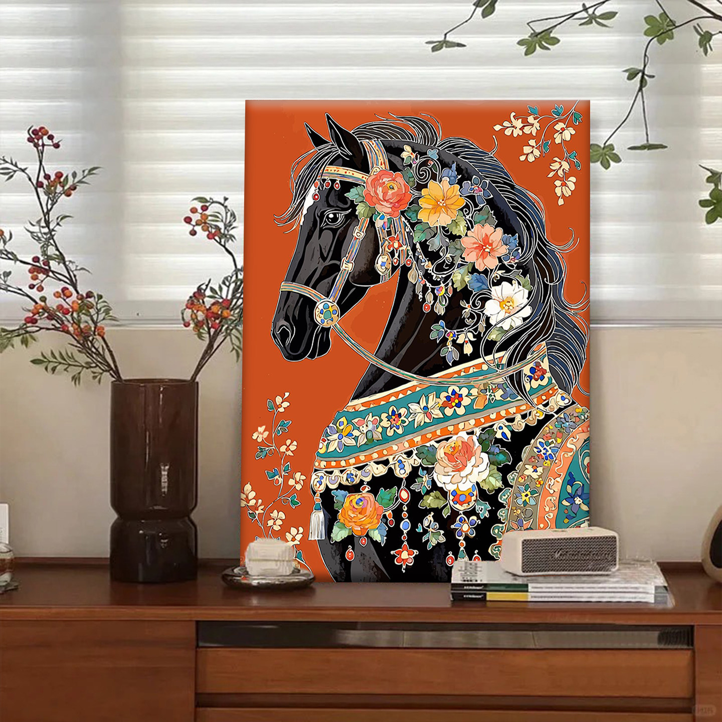 中古风高级感骏马繁花数字油画diy手工填涂色丙烯客厅摆件装饰画,家居饰品,DIY/数字油画,淘宝优惠券,粉丝福利购,淘宝优惠卷