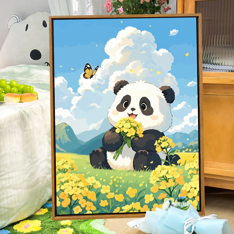 油菜花熊猫数字油画diy减压手工治愈卡通填充涂色填色家居装饰画