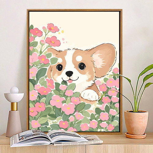 花丛狗狗猫猫数字油画diy柴犬