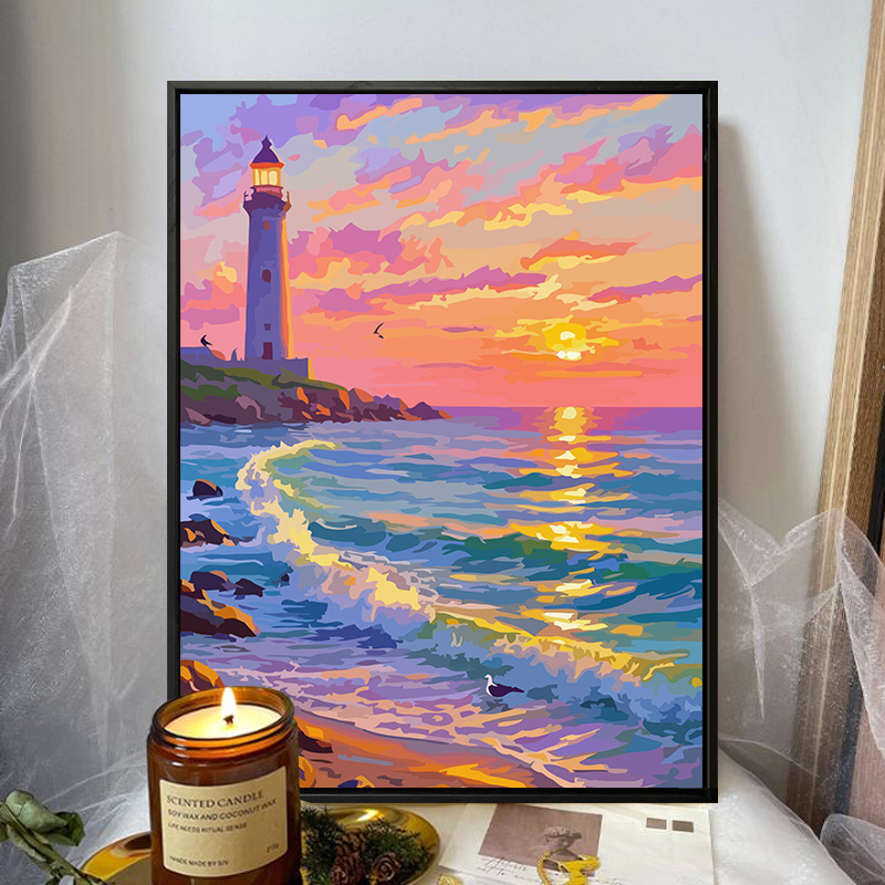 海边夕阳治愈风景数字油画