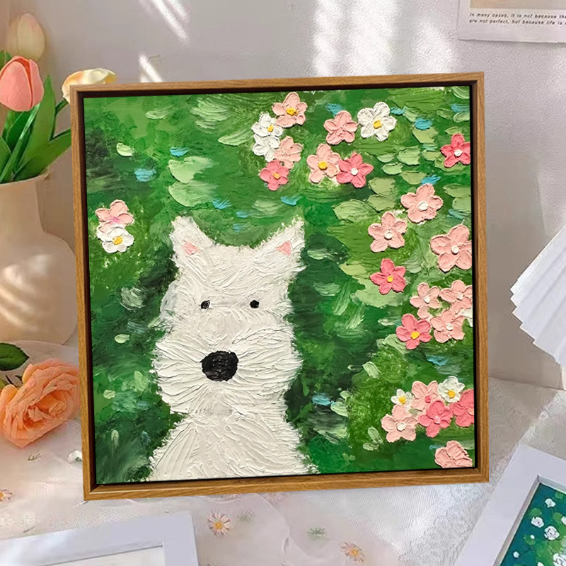 可爱狗狗猫咪石英砂立体肌理画