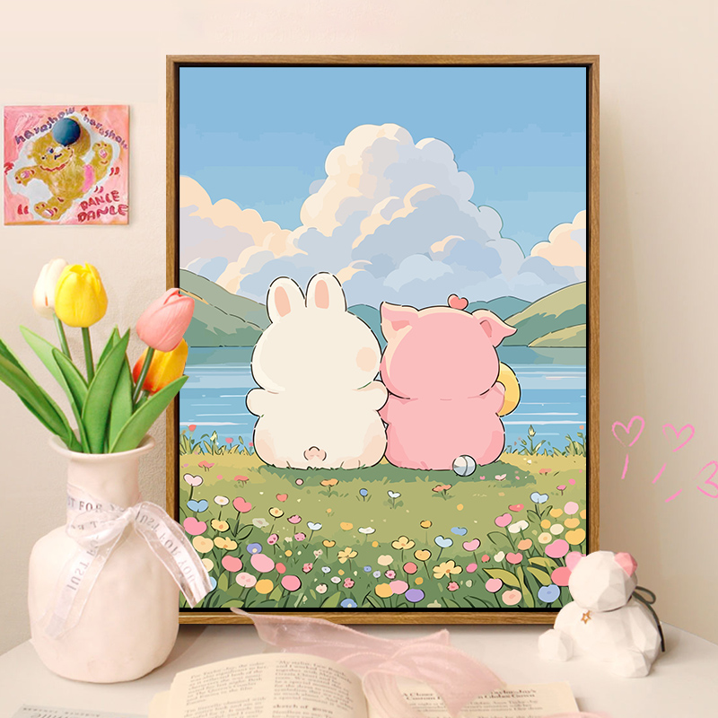 治愈系萌猪与兔子数字油画diy