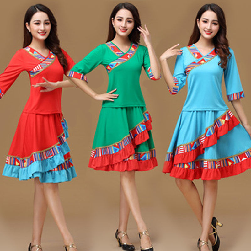 广场舞服装套装女藏族舞新款中袖跳舞裙子民族风演出舞蹈服