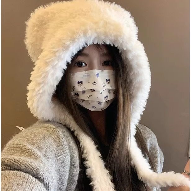可爱小熊耳朵毛毛帽子女显脸小大头围套头帽包头帽保暖秋冬骑车