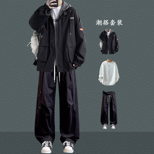 假两件工装连帽夹克套装男生春秋季潮流外套青少年酷帅穿搭一整套