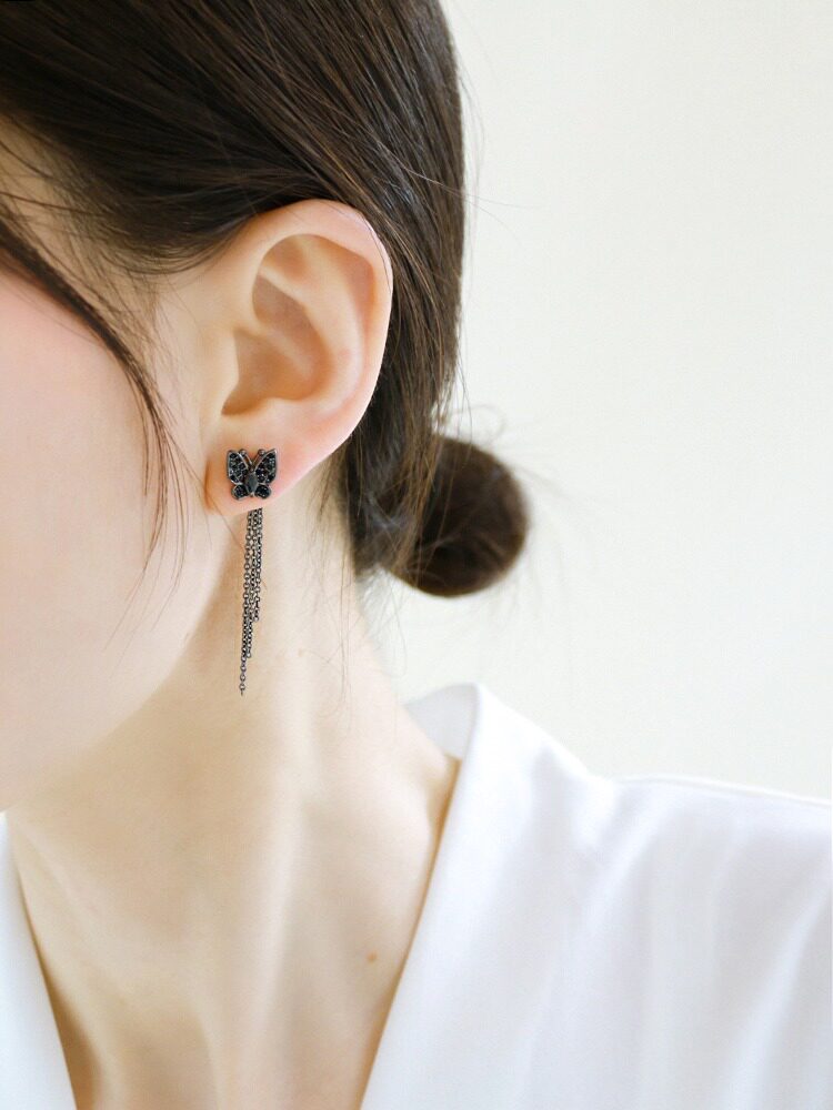 小众简约密钻黑蝴蝶流苏耳钉