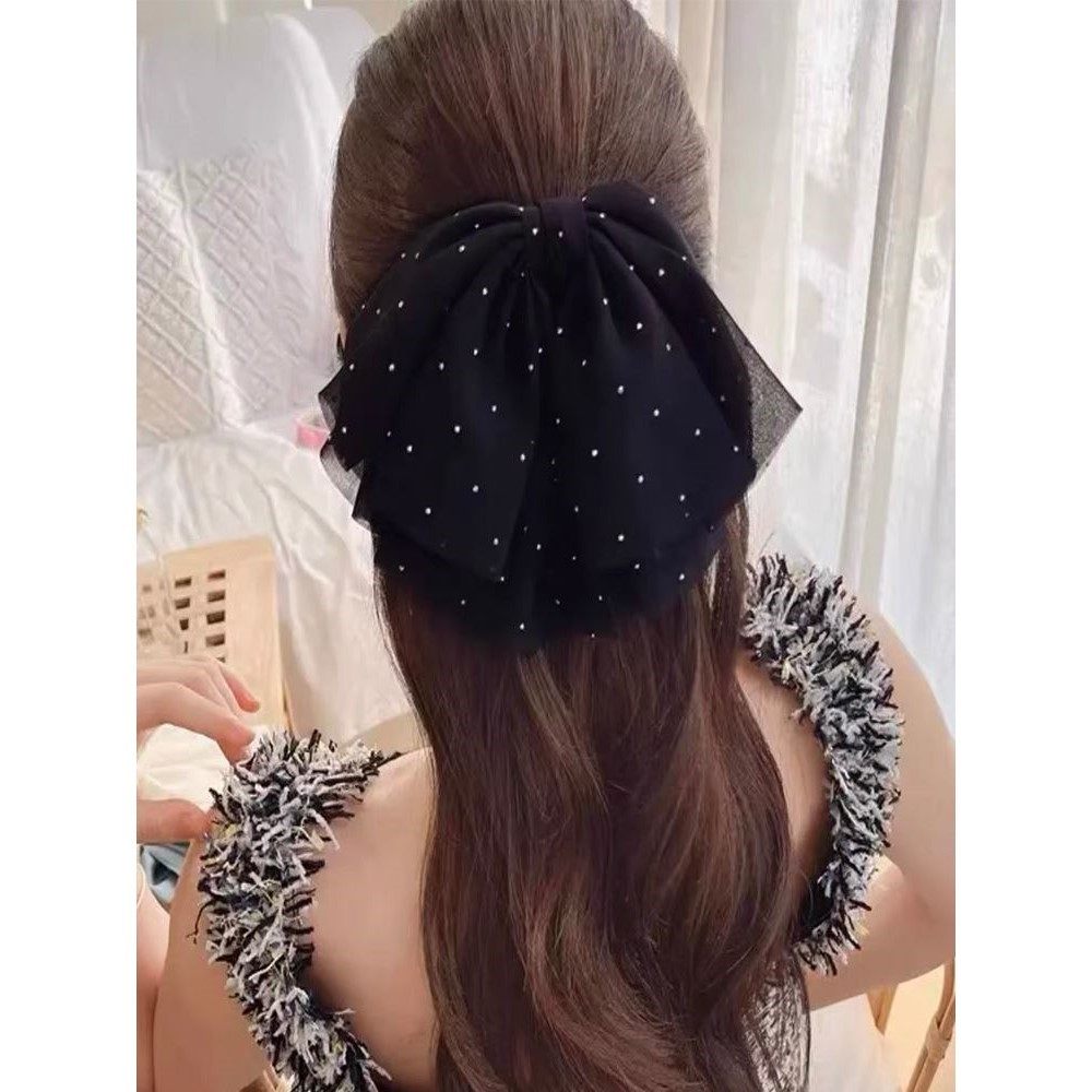 韩国甜美雪纺纱水钻发夹超大蝴蝶结弹簧夹后脑勺马尾发卡少女头饰