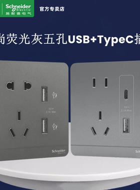 施耐德绎尚荧光灰色五孔插座带双USB 2.1A TypeA+C 手机充电插座