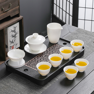 羊脂玉盖碗功夫茶具套装 德化白瓷2025新款 家用茶盘办公泡茶喝茶杯