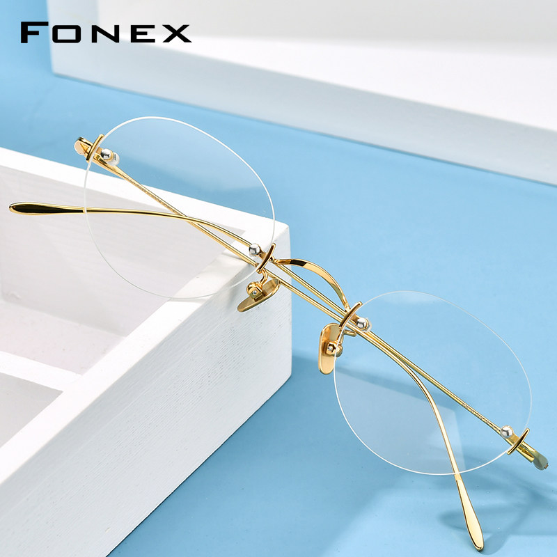 华镜FONEX超轻纯B钛无框眼镜框女复古文艺圆金丝近视眼镜架男配镜