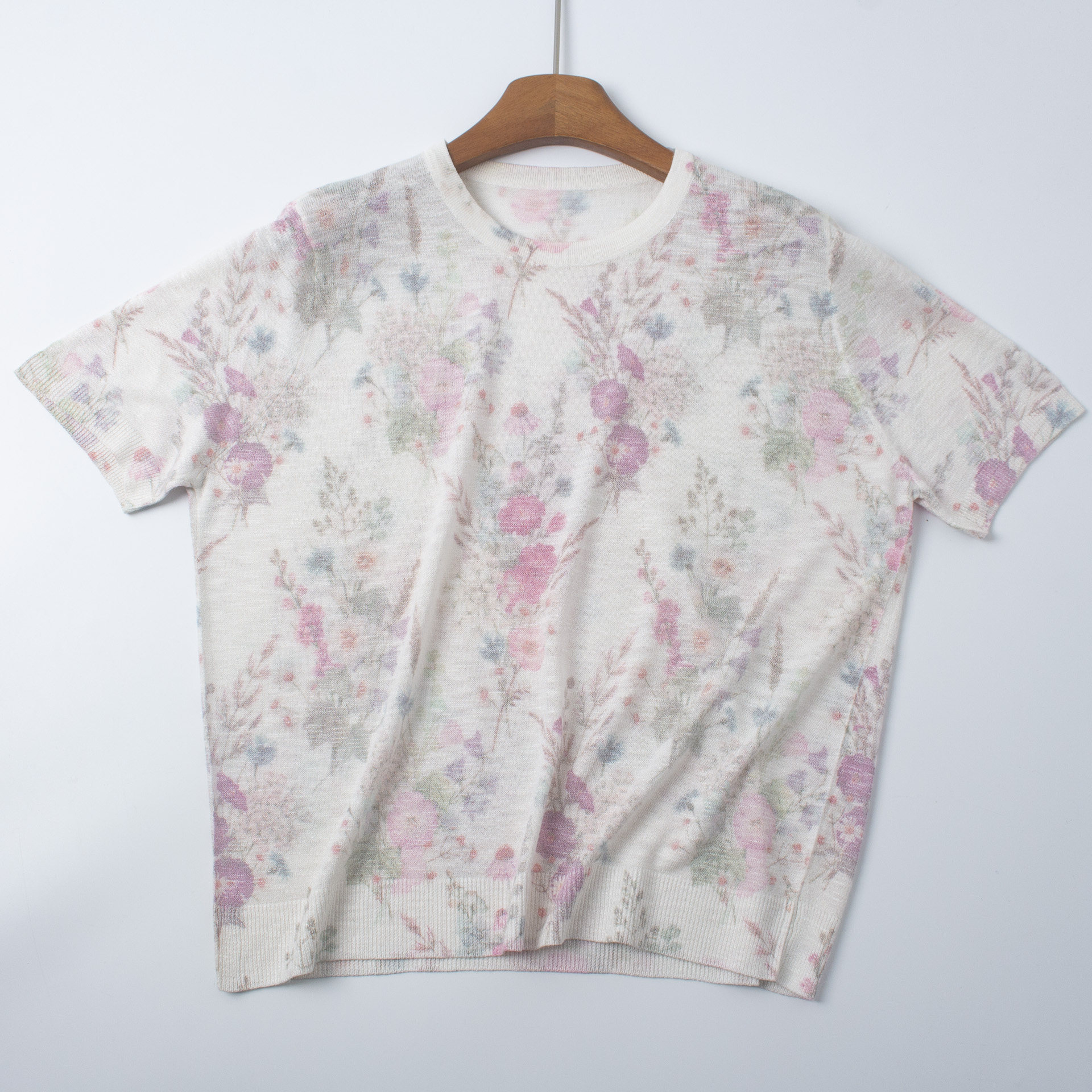 春夏竹节麻碎花短袖针织衫女
