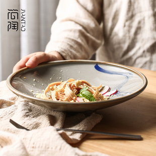 餐具 手工盘菜盘复古青花盘细陶家用大号点心盘圆形沙拉盘陶瓷日式