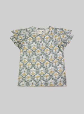 刁蛮公主女士圆领豆绿色印花层叠荷叶袖口T恤E-2