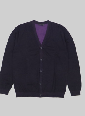 刁蛮公主 男士绛紫色V领全开襟扣钮14针美丽诺羊毛薄开衫L-2