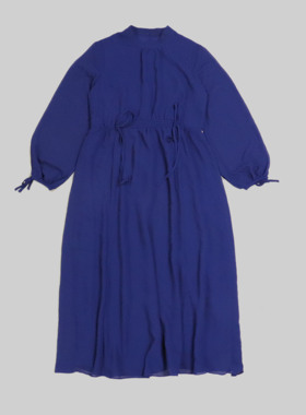 刁蛮公主 女士宝蓝色小立领绑系绳长袖雪纺连衣裙E-2