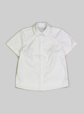 刁蛮公主 女士白色全棉插肩褶边袖全开襟扣钮式短袖衬衣E-4