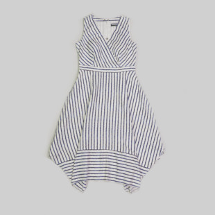 刁蛮公主 女士亚麻人造丝混纺渲染直条纹交叉V襟坠角背心连衣裙PZ